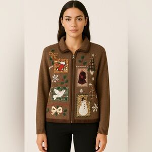 Victoria Jones XL Christmas Cardigan – Ugly Christmas Zip Up, Appliqué Holiday